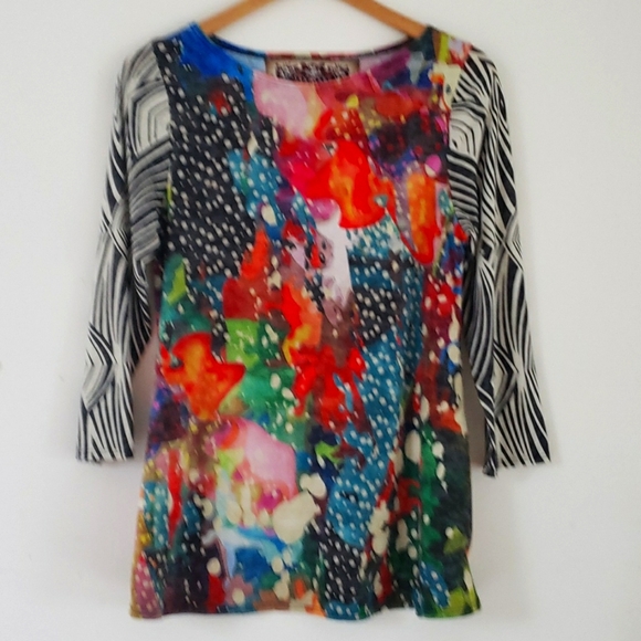 Amma made in LA Top Tunic Multi Colore Abstract Animal Design  3/4 Sleeve, Sz S - Picture 7 of 16